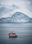 Three Humpback whales with fin swimming in ocean and feeding. Orange whale Watching tour boat ship in background