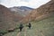 Three hunters on horse back with a mountain hunting