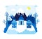 Three huts on stilts stands in glaciers - vector illustration in flat cartoon stile. Little village, sun, clouds