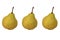 Three identical pears with a stalk side by side in a row on a white background