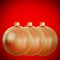 Three identical round, Christmas toys on a red background. Vignentation. 3D rendering
