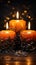 Three illuminated candles on a solitary black canvas, creating mesmerizing ambiance