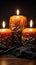 Three illuminated candles on a solitary black canvas, creating mesmerizing ambiance