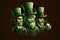 three Irish friends in green hats with mugs of green beer celebrate St. Patrick's Day. Cartoon style