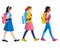 Three isolated figures of girls going to school