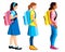 Three isolated figures of girls standing with school backpacks