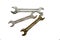 Three isolated keys. Old metal wrenches white background