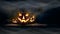 Three Jack O` Lanterns and spooky eyes on a stone plinth