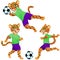 Three jaguars as the footballers in uniform in dynamic poses with the soccer ball