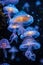 Three jellyfish are floating in the dark blue water