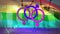 Three joined female and male symbols against a rainbow flag