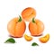 Three juicy apricots with slices, on a white background.