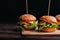 Three juicy hamburgers with meat, cheese, lettuce, tomato on a wooden Board