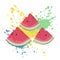 Three juicy slices of fresh bright red watermelon with paint blots on background
