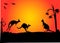 Three kangaroos hopping in the sunset