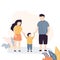 Three kids hold hands. Family portrait. Brothers and sister together. Teens and preschool child