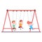 Three kids swinging on a swing together