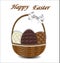 Three kinds of chocolate Easter eggs in a wicker basket with a b