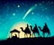 Three Kings Day illustration. Three wise men silhouette riding their camels towards the manger with the Baby Jesus