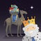 Three kings selfie with King Melchior, camel and gifts at night