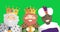 Three Kings smiling. Christmas animation on a green background