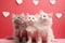 Three Kittens with Hearts on Pink Background