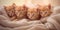 Three kittens laying on a blanket looking at the camera. Generative AI image.