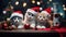 Three kittens wearing santa hats sitting on a table. Generative AI image.