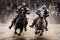 three knight riders in full uniforms riding horses through the dirt