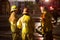 Three LAFD firemen talk after fighting fire on Sunset Blvd.