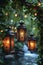 Three lanterns hanging from a tree in the middle of water, AI