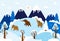 Three large woolly mammoth - vector illustration with prehistory animals, mountains and trees in the snow