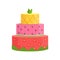 Three Layered Cake With Strawberry, Watermelon And Pineapple Decorated Big Special Occasion Party Dessert For Wedding Or