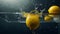 three lemons are in a bowl with water splashing Zesty Plunge High-Speed Capture of a Lemon Sinking