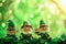 Three leprechauns perch atop a clover plant in a natural landscape