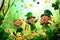 Three leprechauns stand next to a pile of gold coins, smiling