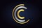 Three Letters C vector logo in silver and gold colors isolated on dark background.