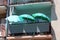 Three light green parasols providing shade on old apartment building balcony surrounded with strong metal fence