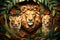 three lion cubs surrounded by leaves and flowers on a dark background