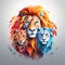 three lions in a colorful geometric pattern on a white background