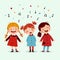 Three little girl singing a song on blue background. Happy three kids singing together