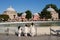 Three little girls by the pool with domes in view