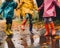 Three little girls in raincoats are walking in the rain. AI generative image.