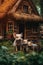 Three little pigs standing in front of a small house. Generative AI image.