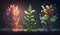 Three little plants grow on the land, shining on the earth, close up bokeh with dark background. Generated AI