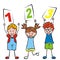 Three little school children with numbers, happy vector illustration