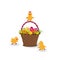 Three little yellow chicken with decoration easter eggs