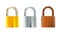 Three Locks set. Realistic Padlocks metal, gold and rusty. Closed lock, security icon isolated on white background. Vector