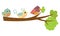 Three lovely birds on green tree branch. Adorable creatures with little wings. Spring season. Flat vector design