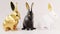 Three lovely ceramic bunny ornaments with golden ears. Animal characters gold, black and white. Realistic 3d illustration on white